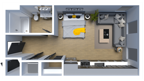 a 3d rendering of a bedroom with a bed and a living room